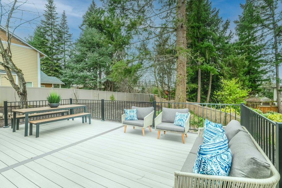 Spacious backyard deck with outdoor seating